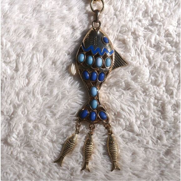 Vintage 00s Lilly Pulitzer Blue Gold Fish Necklace - Picture 2 of 6